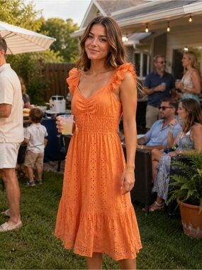 Boutique Orange Eyelet Ruffle Midi
Smocked Waist,Cottagecore
Sundress, sz M, guc